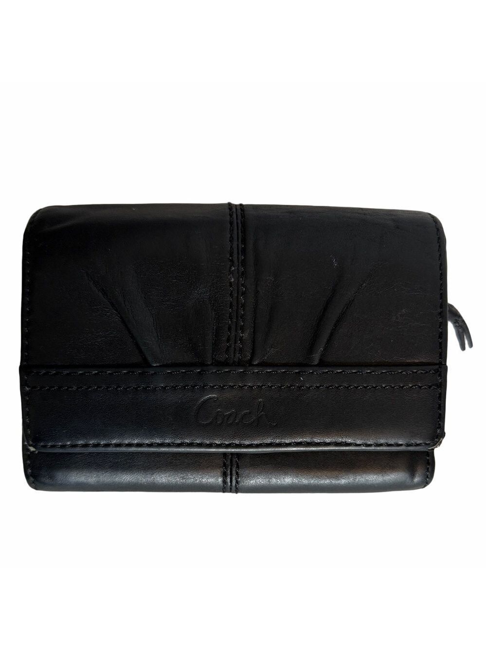 Vintage Coach Black Leather Pleated Compact Wallet Y2K Coin Zipper Blue Lining